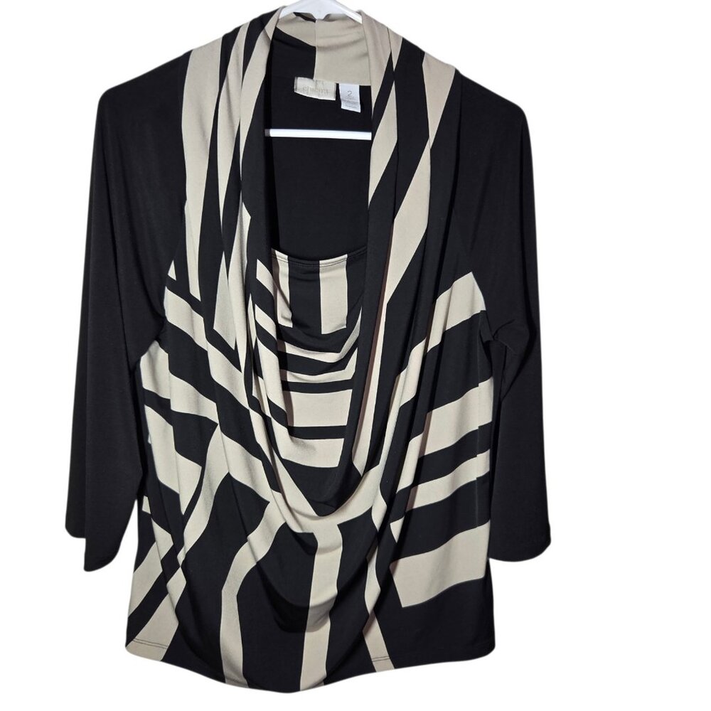 Chico's Black Gray Striped Draped Neck 3/4-Sleeve Careerwear Top Stretch M/12 - Picture 4 of 5